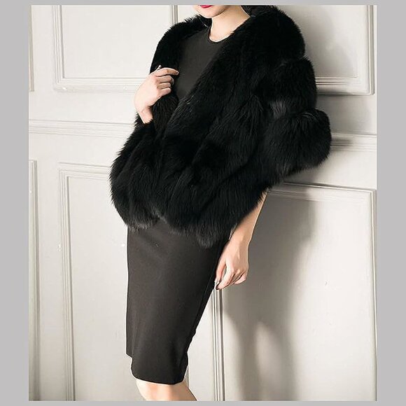 Women's Luxury Party Faux Fox Fur Long Shawl , A-dark Green - Picture 6 of 6